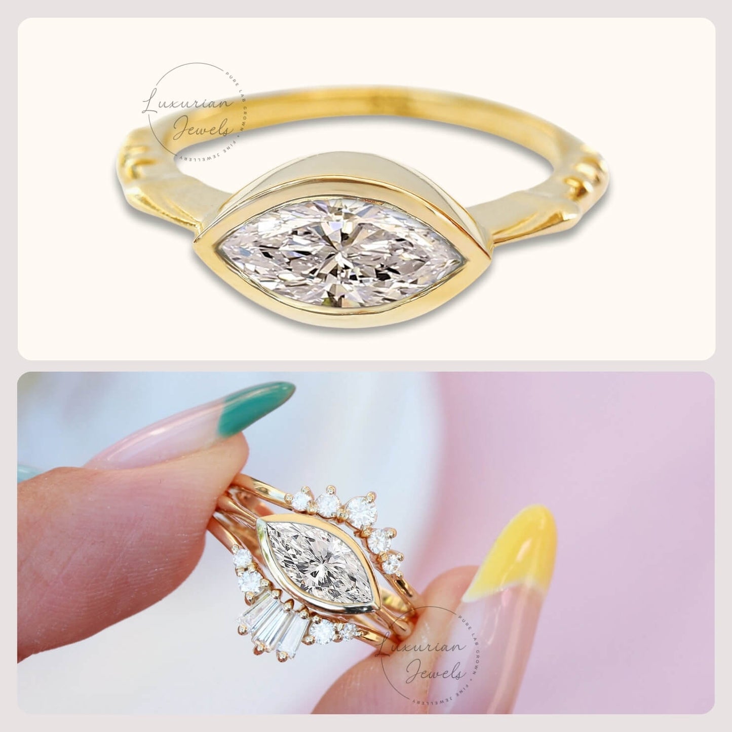 10K Pinched Bezel Set Marquise Cut Diamond Engagement Ring