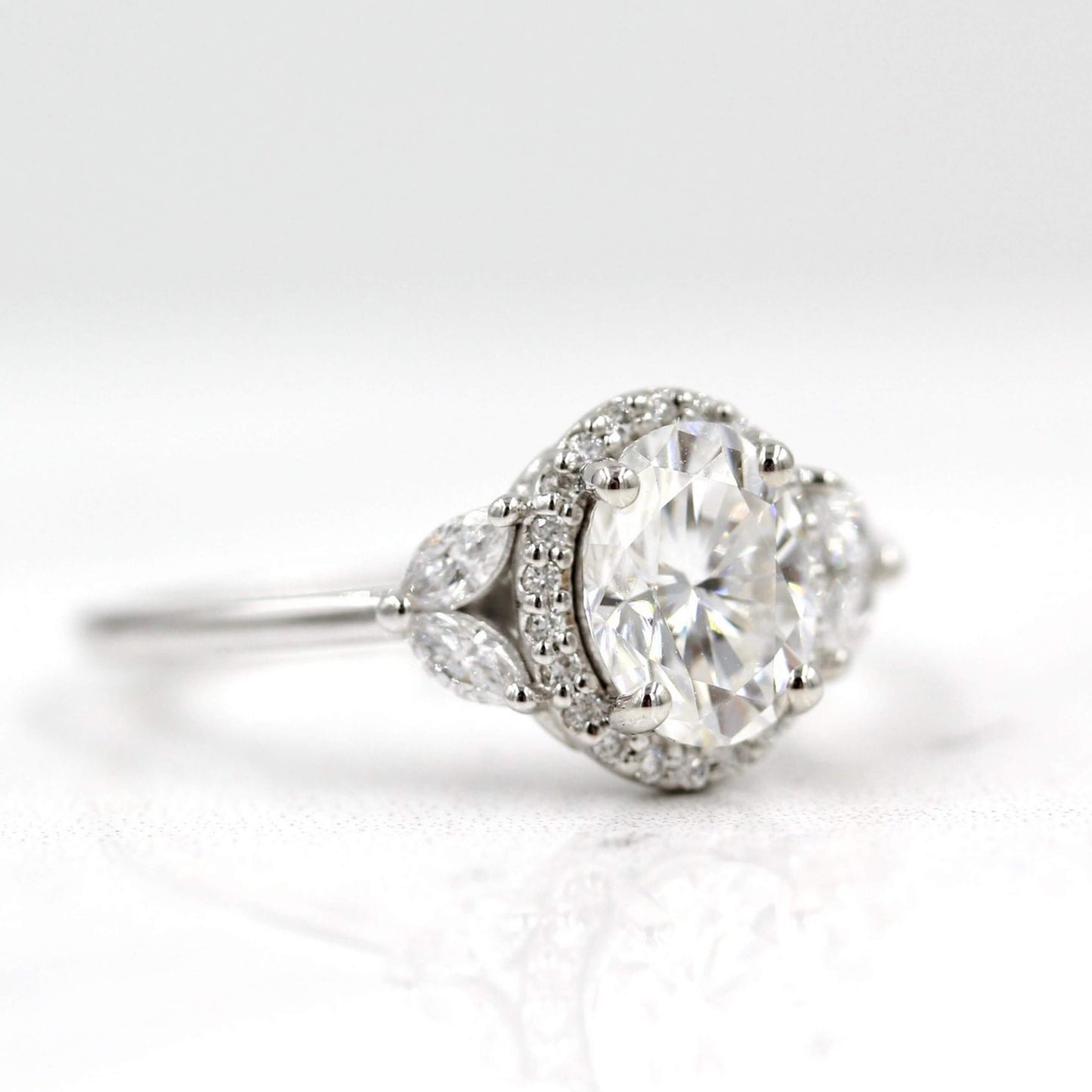 10K White Gold Oval Cut Halo Solitaire Accent Ring