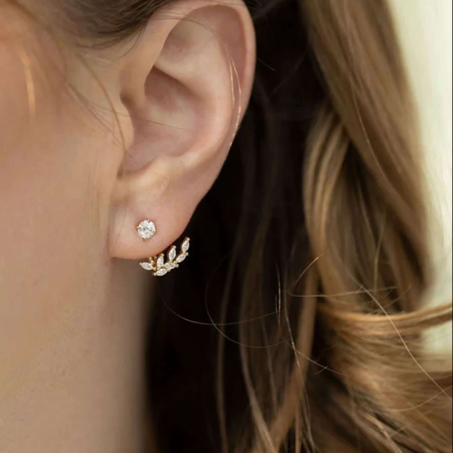 10k Gold Leaf Front Back Ear Jacket Earrings