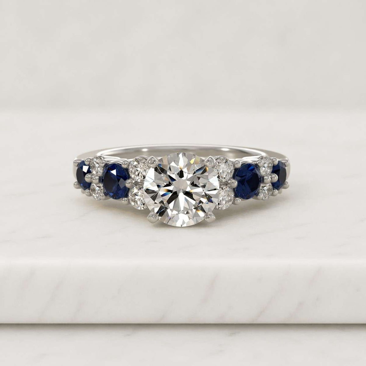 2 ct white round cut diamond with sapphire wedding and engagement ring in 935 argentium silver, moissanite trio vintage wedding party ring
