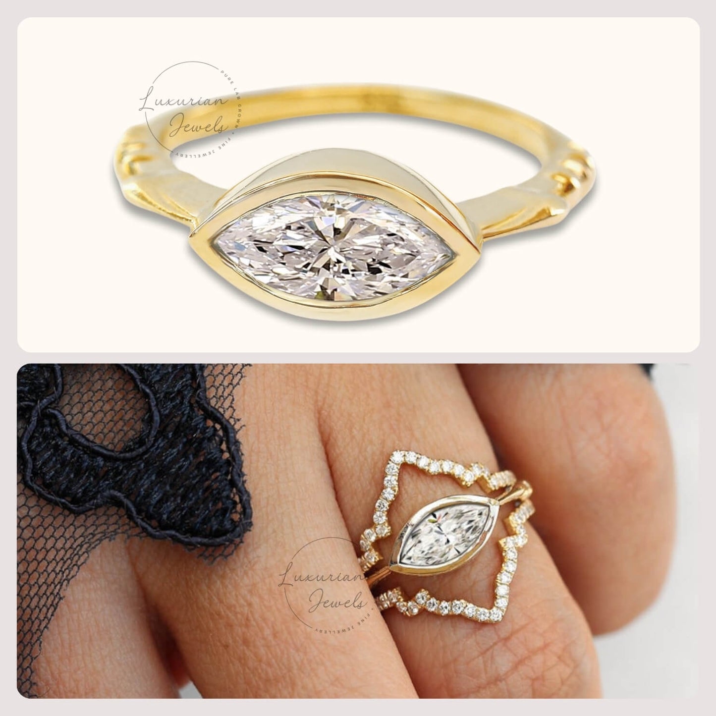 14K Pinched Bezel Set Marquise Cut Diamond Engagement Ring