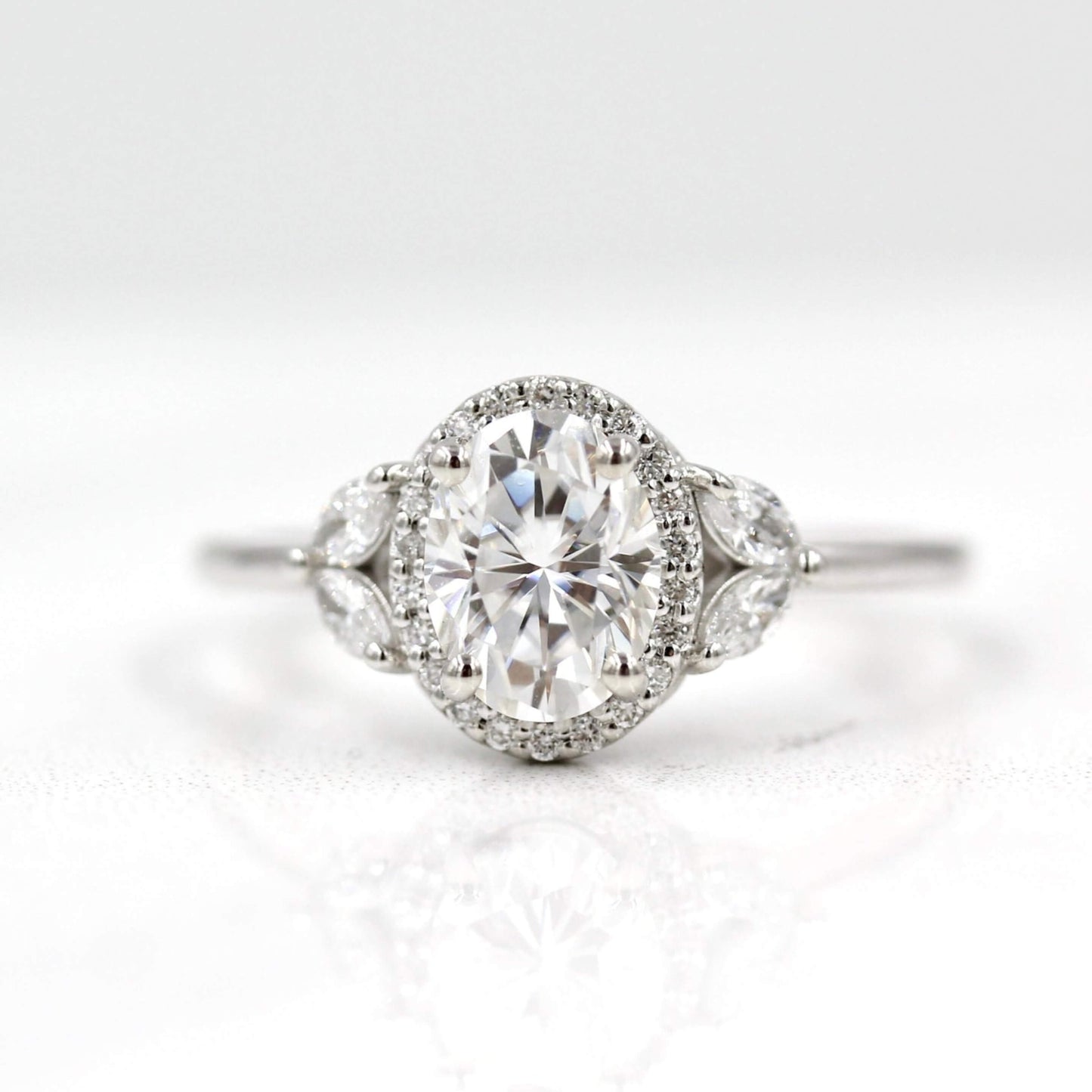 14K White Gold Oval Cut Halo Solitaire Accent Ring