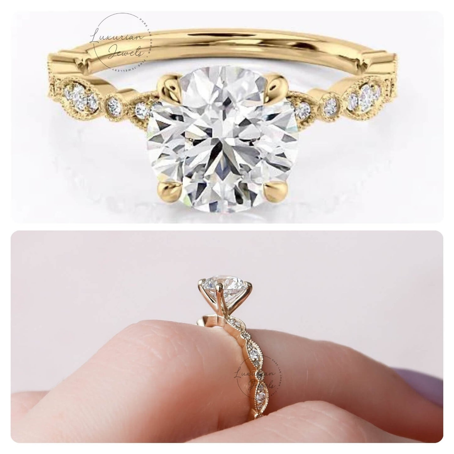 14k Solid Gold Vintage Lab Diamond Engagement Ring for Women