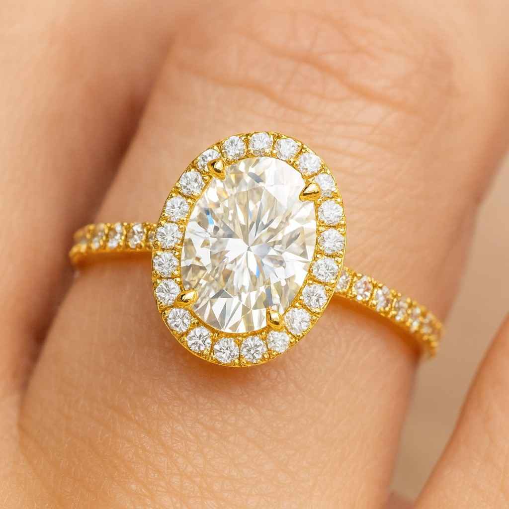 Oval Solitaire Diamond Engagement Ring with Pavé Band by Sami Jewels