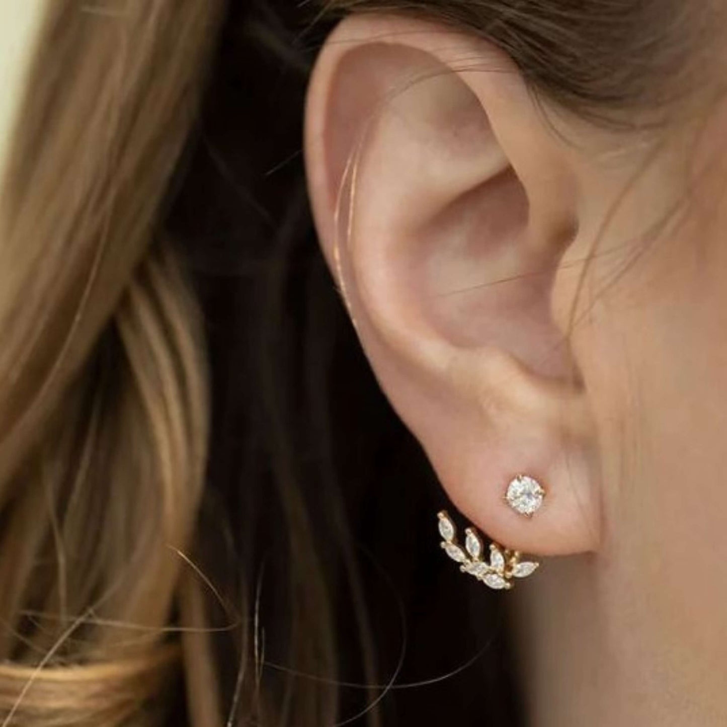 18k Yellow Gold Leaf Front Back Ear Jacket Earrings