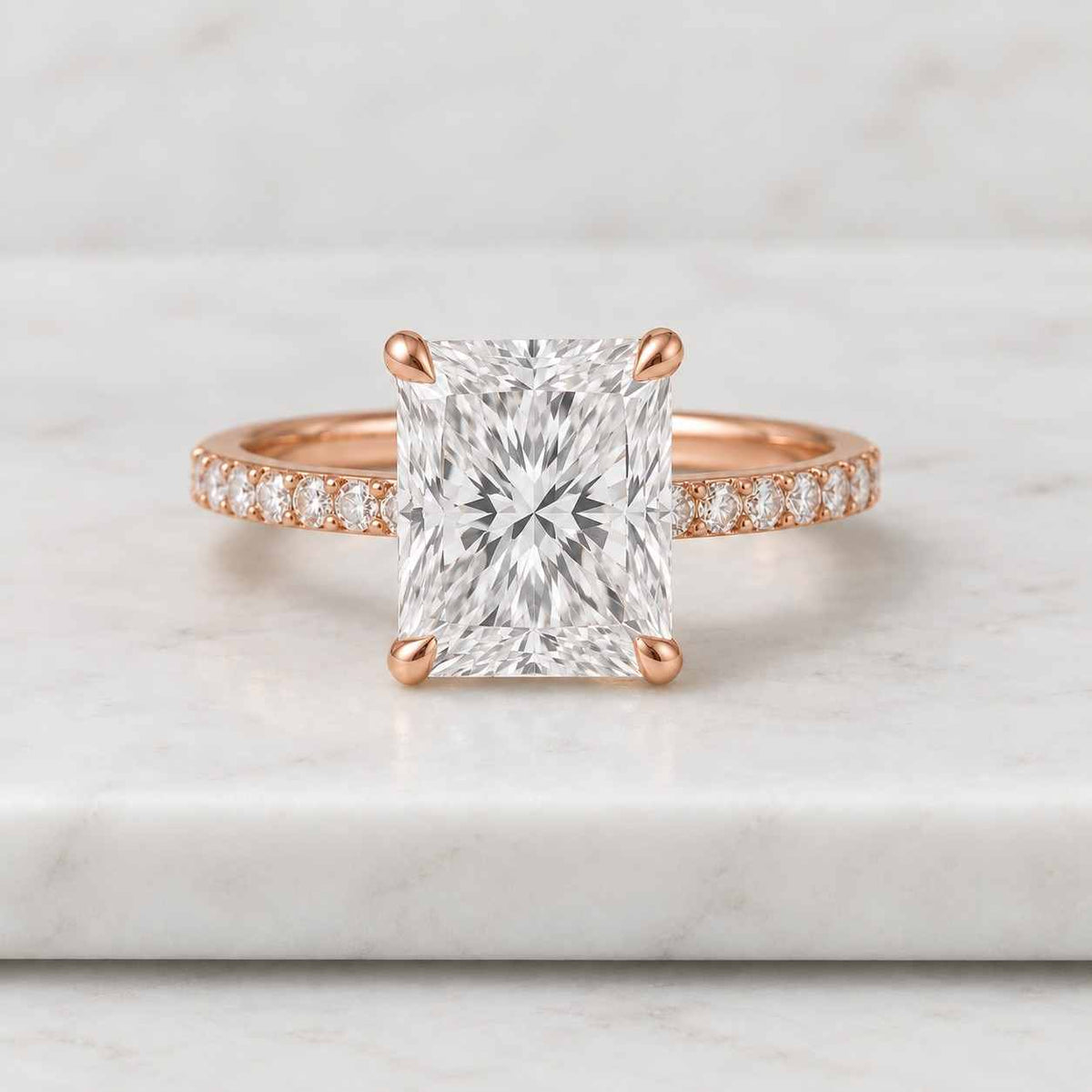 radiant cut lab-grown diamond pave set engagement ring