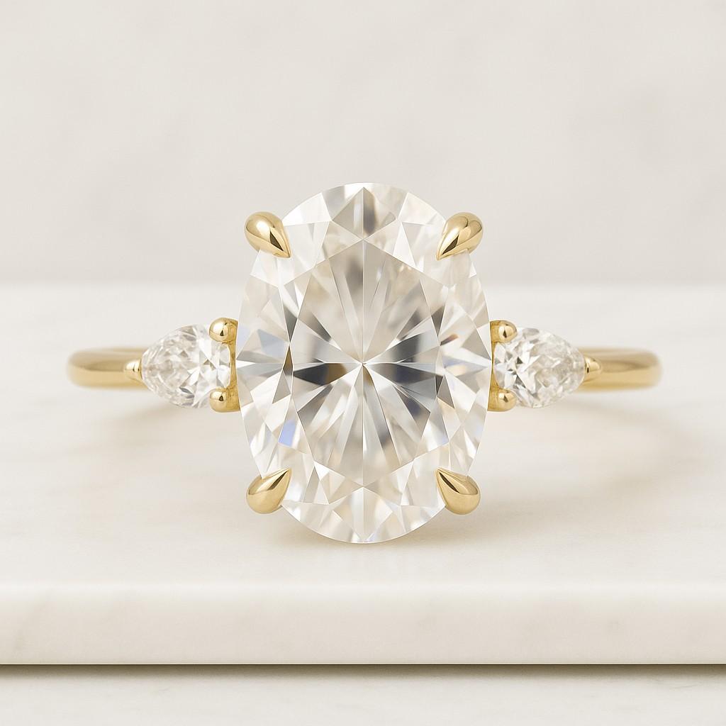 10K Solid Yellow Gold Oval Cut Moissanite Three Stone Engagement Ring –  Luxurian Jewels