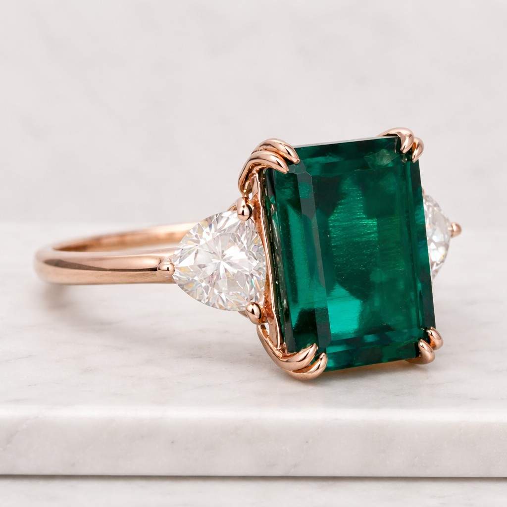 emerald cut lab emerald engagement ring | vintage diamond leaf bridal ring | nature inspired anniversary ring gift