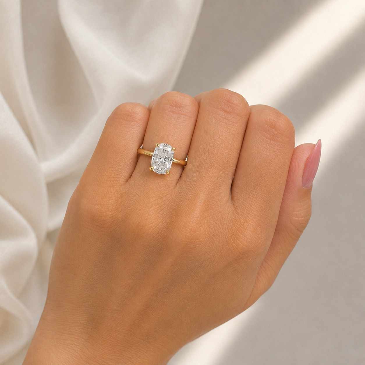 3.00ct elongated cushion cut lab-grown diamond engagement ring, hidden-halo & cathedral, 14k solid-gold
