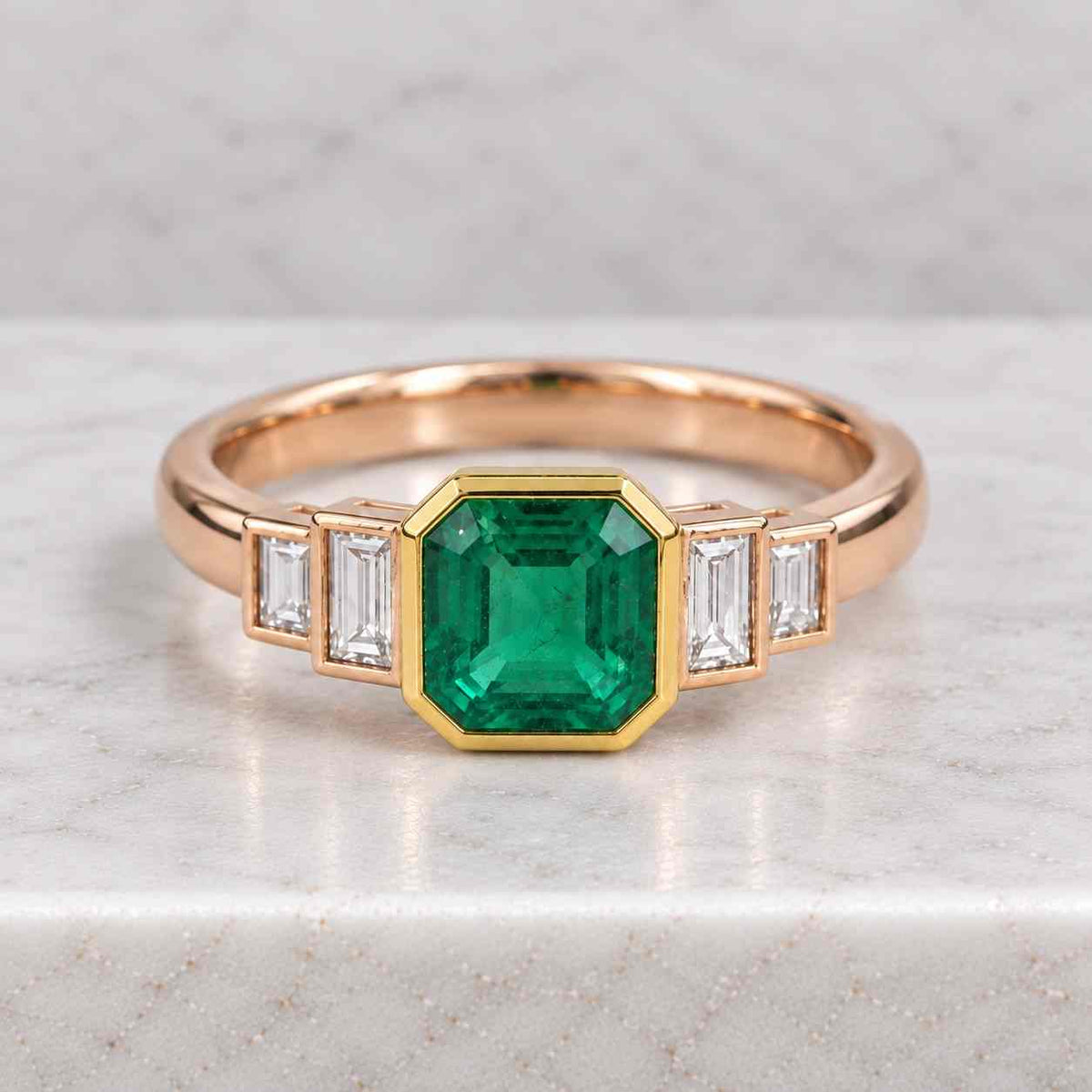 3.5 carat emerald cut lab-grown diamond three-stone ring, 14k yellow gold tapered baguette side diamond engagement ring, igi certified.