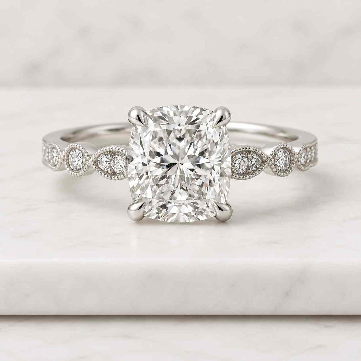 3 ct elongated cushion cut three stone engagement ring, cushion cut three stone wedding ring, side accent round cut 14k solid gold rings