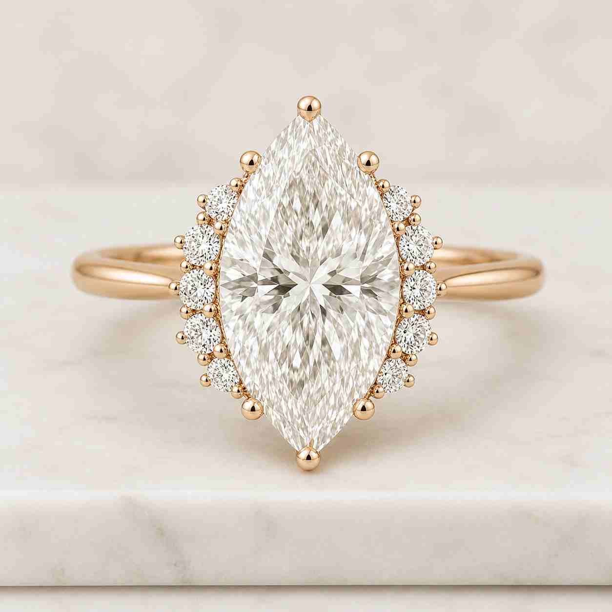 3 ct marquise lab grown diamond ring | hidden halo engagement ring | vintage floral engraved band | cathedral gold ring