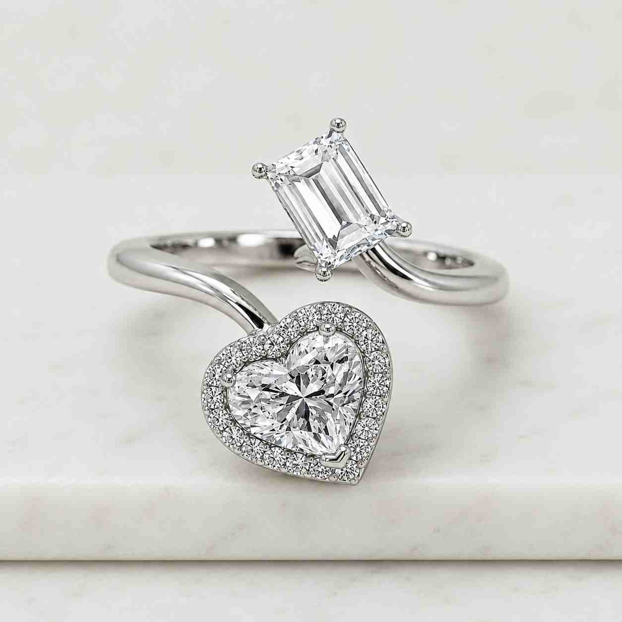 4 carat pear & emerald cut lab grown diamond toi et moi ring