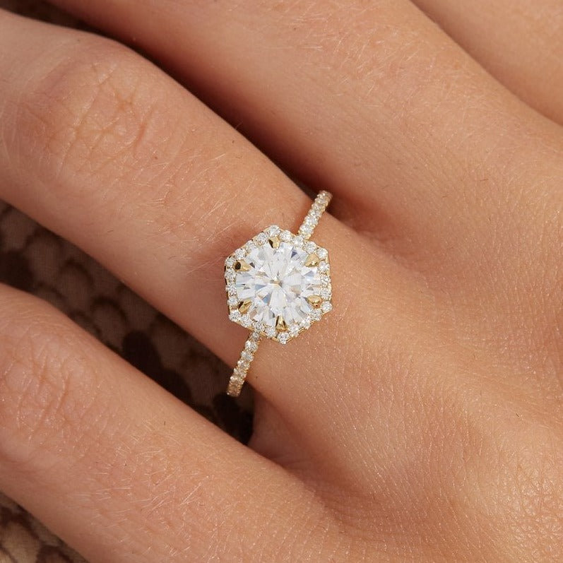 6 Prong Hexagon Shape Round Cut Diamond Halo Ring