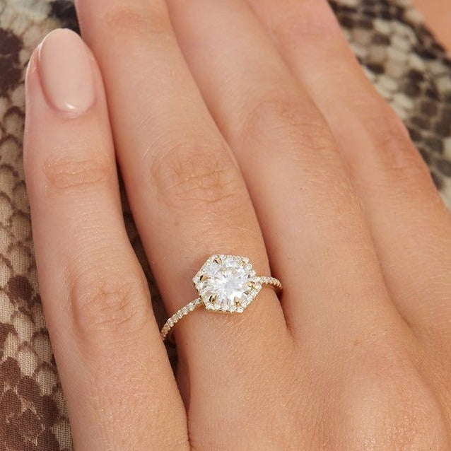 6 Prong Hexagon Shape Round Cut Diamond Ring