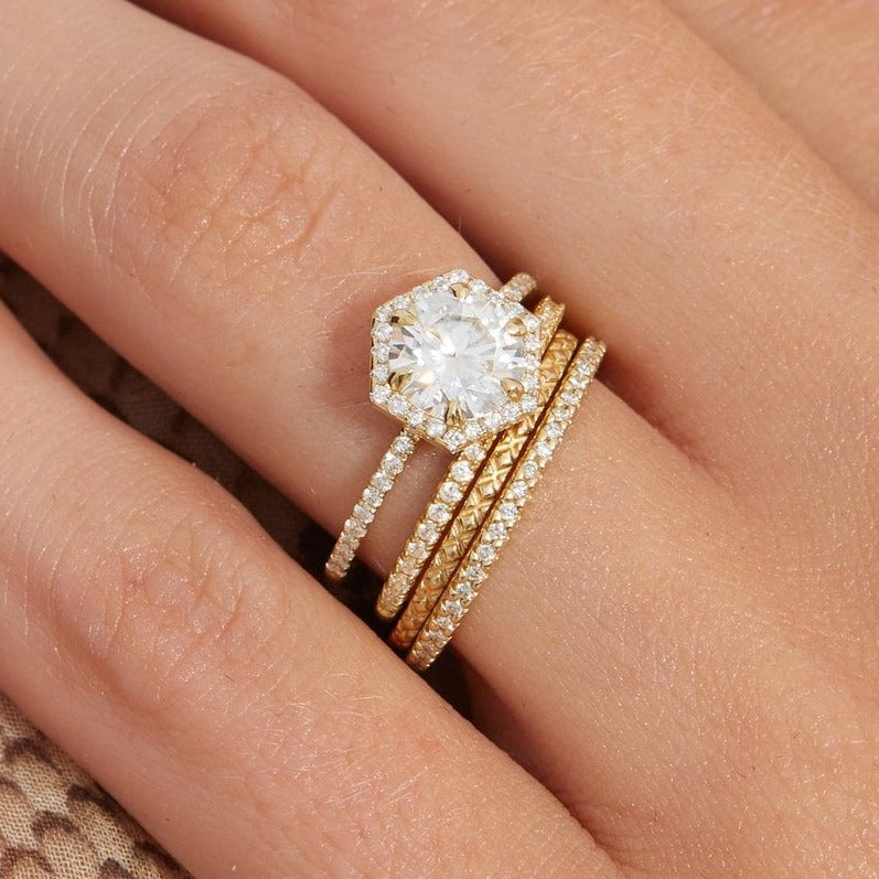 6 Prong Hexagon Shape Round Cut Diamond Ring For Her