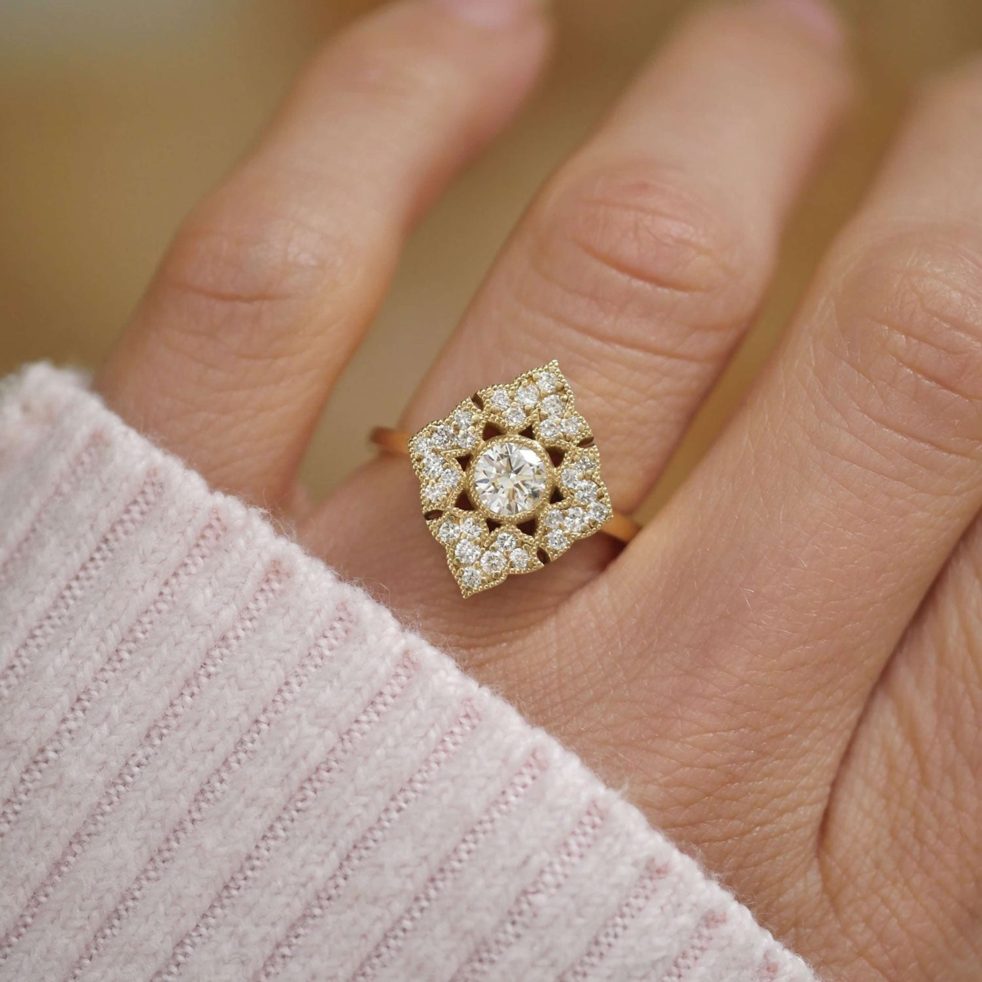 Art Deco Jewellery, Lab Grown Diamond Engagement Ring with Natural Diamond Accents Rings