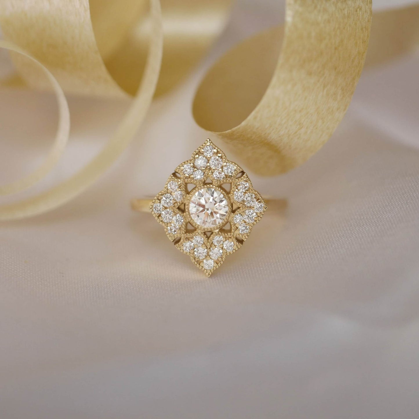 Baroque Style Cluster Halo Wedding Ring, Round Moissanite 14K Solid Gold Ring, Art Deco Ring