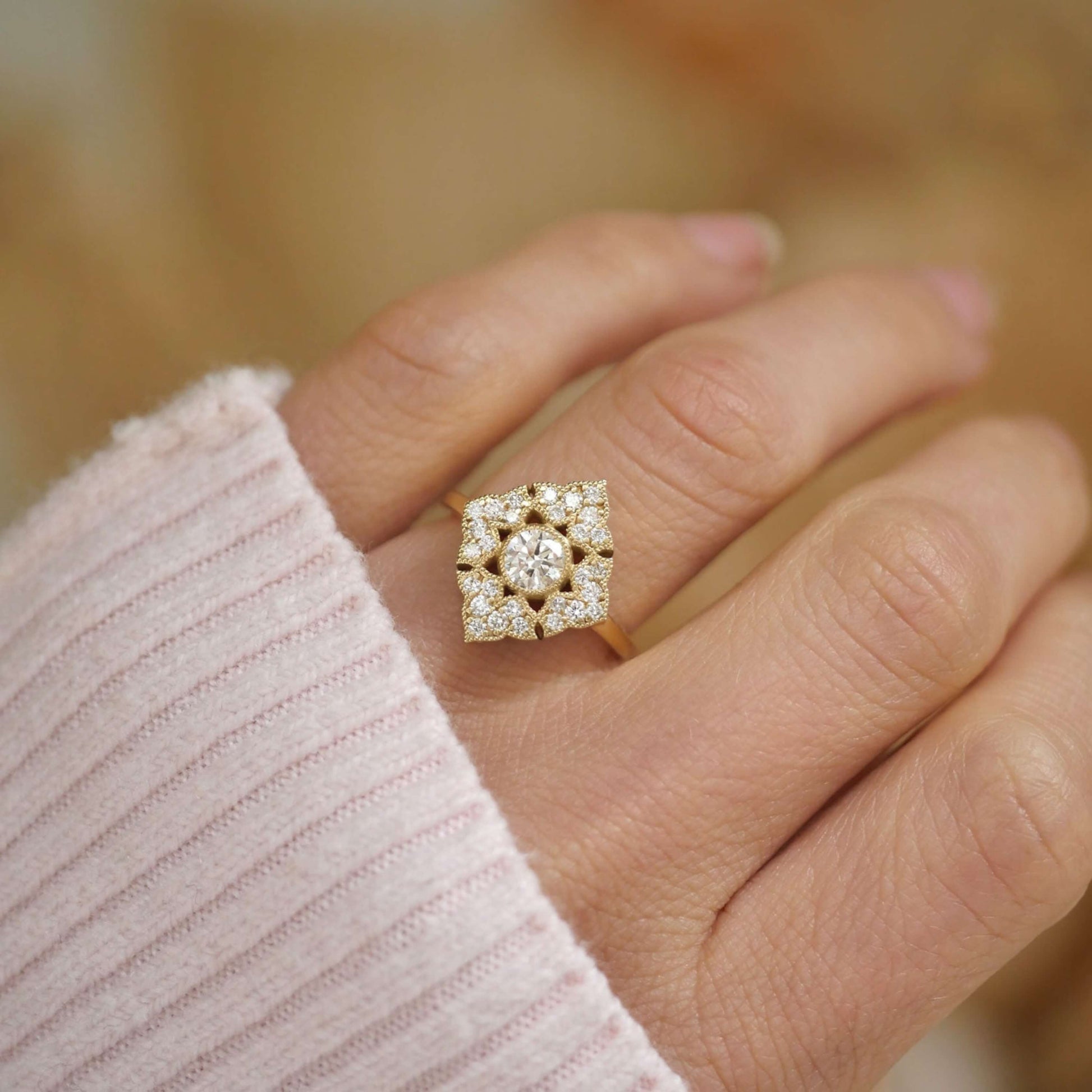 Baroque Style Engagement Ring, Italian Made Lab Grown Diamond Ring with Natural Diamond Accents, Available in 14k or 18k Solid Gold