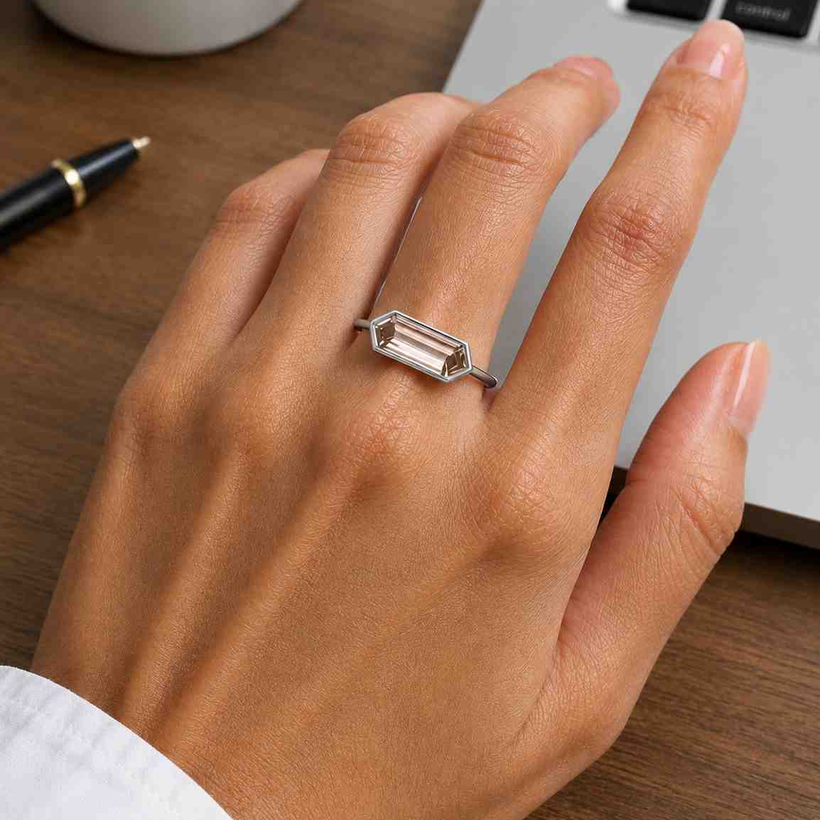 champagne moissanite engagement ring, hexagon cut unique east west moissanite ring, solid gold bezel set wedding ring, anniversary gift her