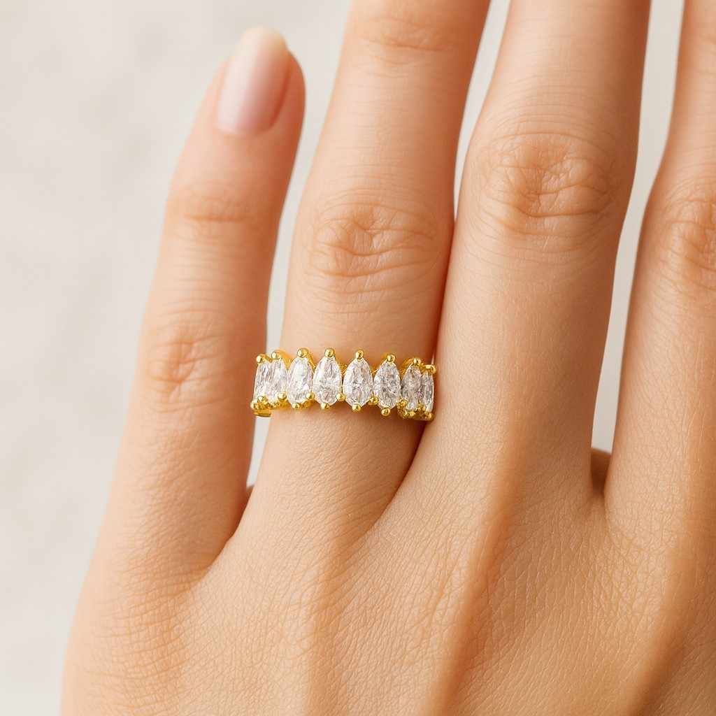 Pear Cut Lab Grown Diamond Wedding Band 18K Gold Full Eternity Ring