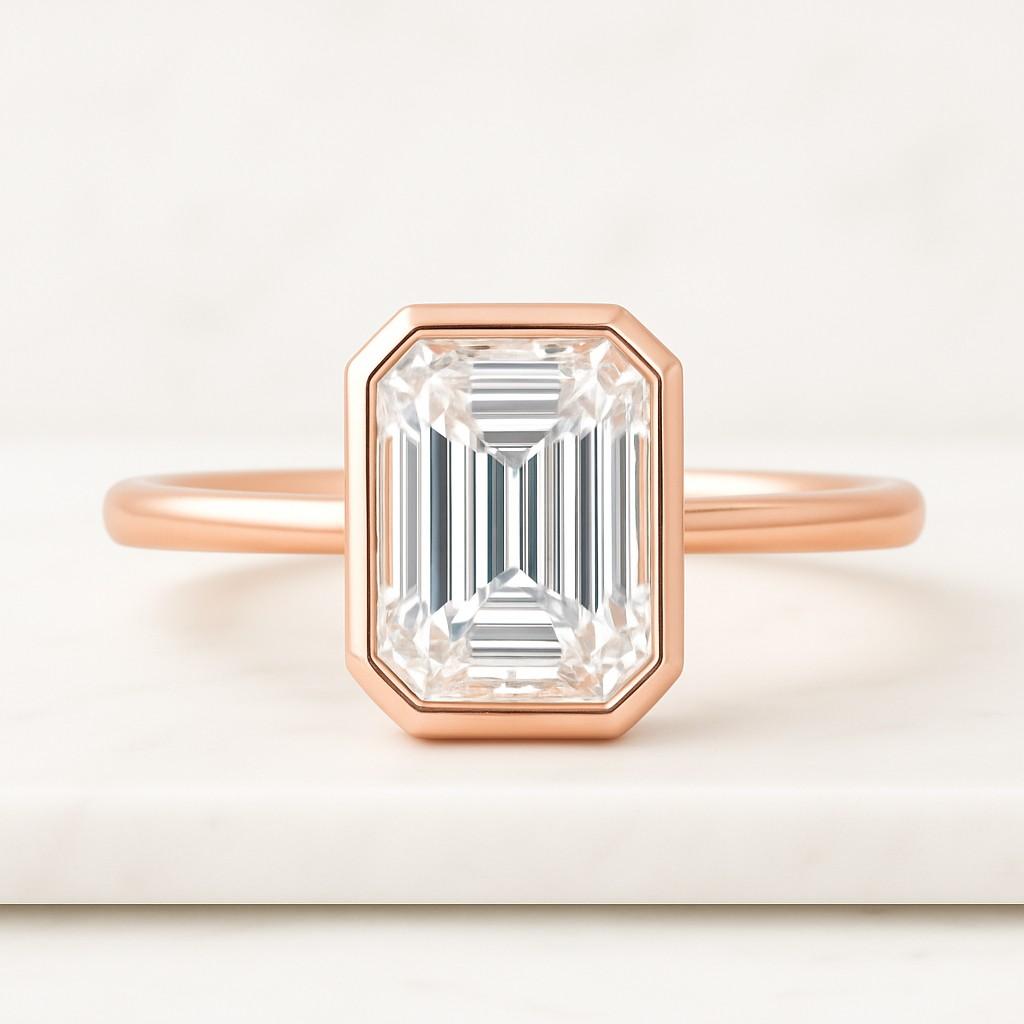 Classic Solitaire Anniversary Ring Forever One Ring Emerald Cut Simulated Diamond Ring 14k Gold Plated Sterling Silver Bezel Setting