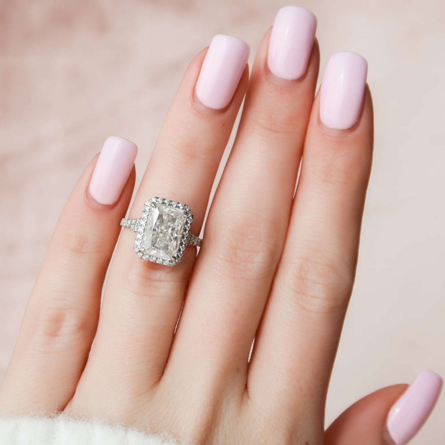 Colorless Radiant Cut Diamond Ring, Split Shank Halo Engagement Ring