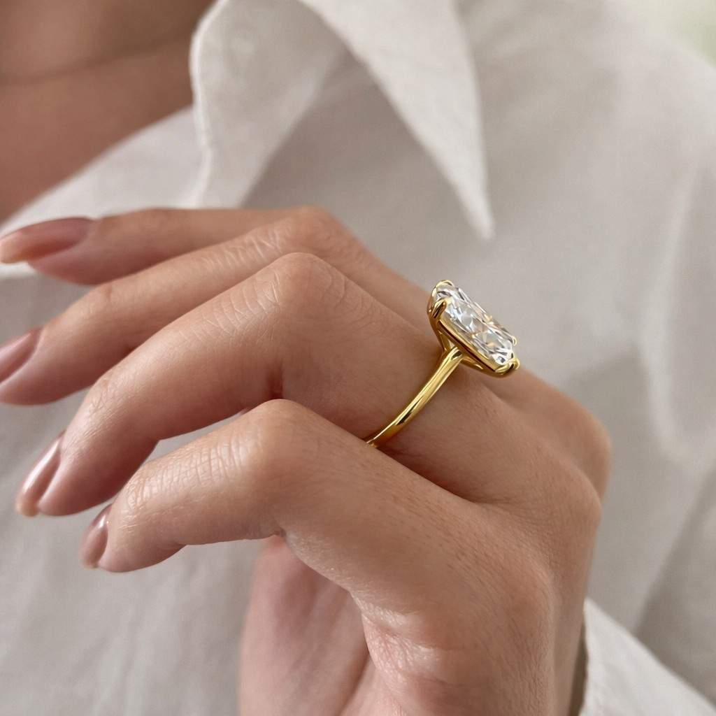 5.05 carat cushion cut lab grown diamond ring, 14k gold solitaire engagement setting, the seloria