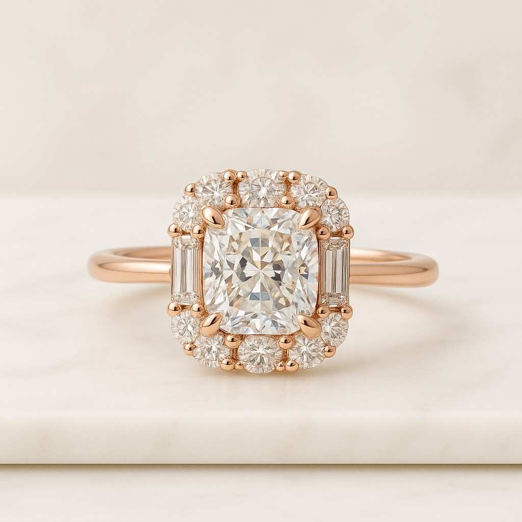 cushion lab grown diamond ring with trapezoid sides halo engagement ring