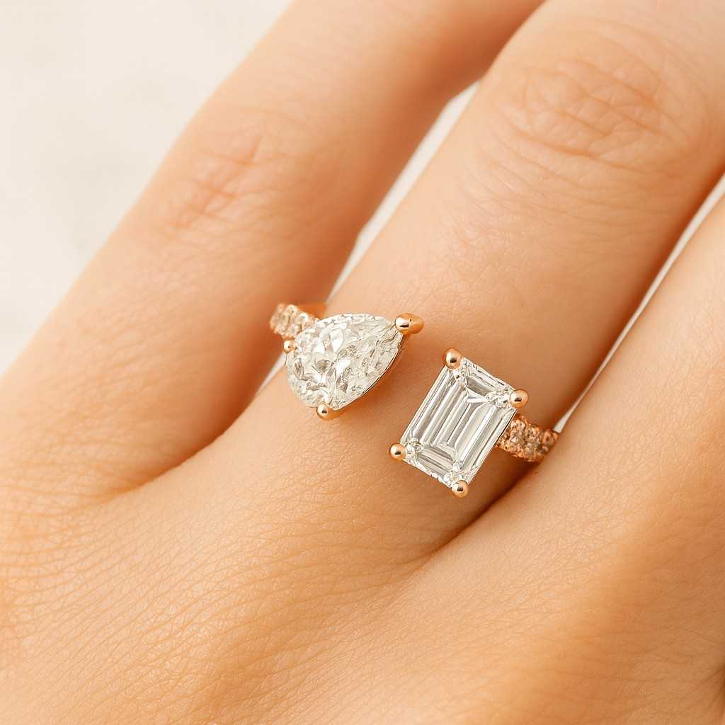 Toi et Moi Lab Grown Diamond Ring Emerald Cut and Pear Engagement Ring Proposal Ring Minimalist Ring