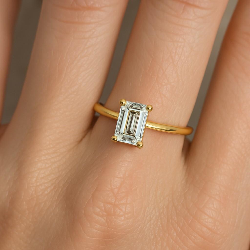 Emerald Diamond Ring Three Stone Engagement Ring Emerald Cut Diamond Ring