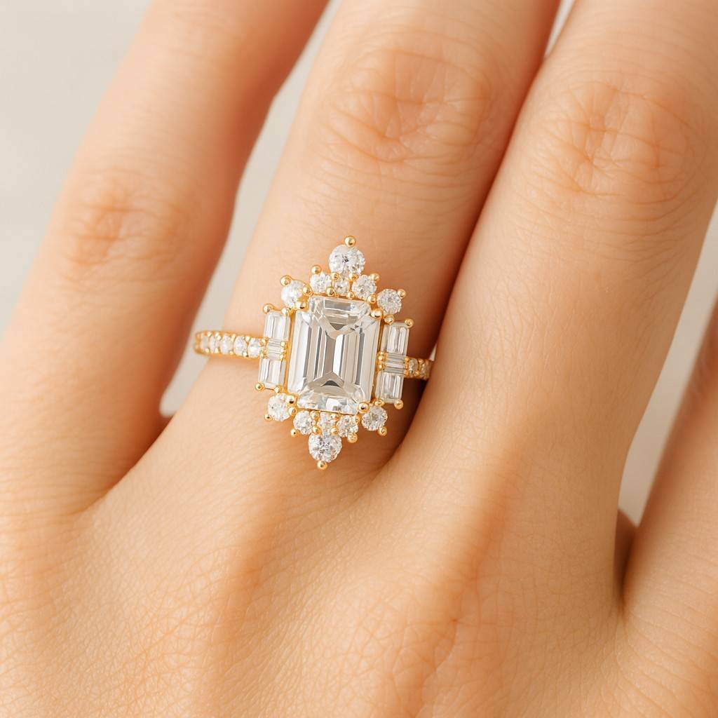 Yellow Gold Moissanite Emerald Cut Stone Wedding Band Wedding Jewelry For Brides Emerald and Round Diamond Eternity Wedding Band, Lab Grown Diamond Band Matching Stackable Band Anniversary Ring for Women Gift For Her