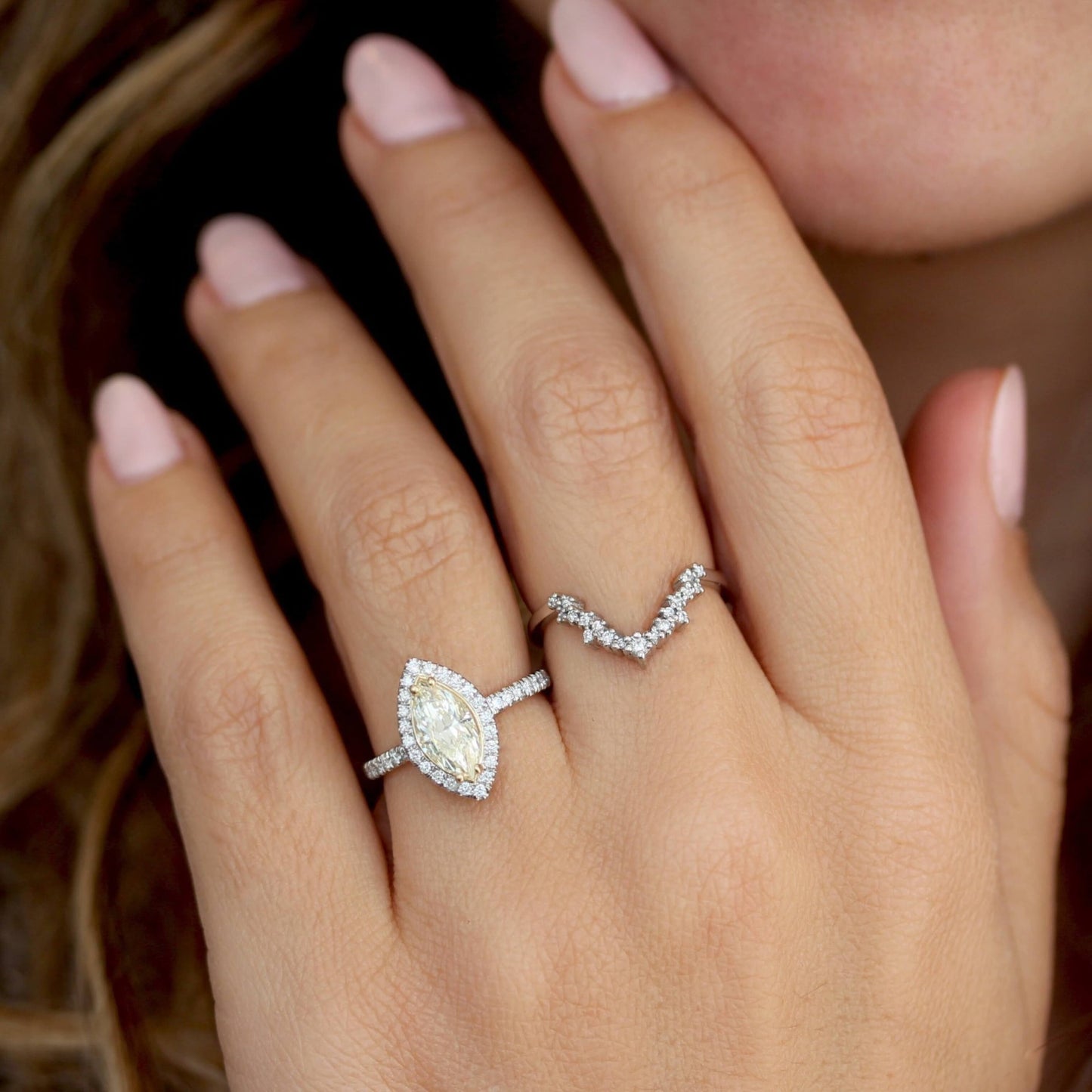 Genuine Lab Grown Diamond Ring
Marquise cut Halo Engagement Ring