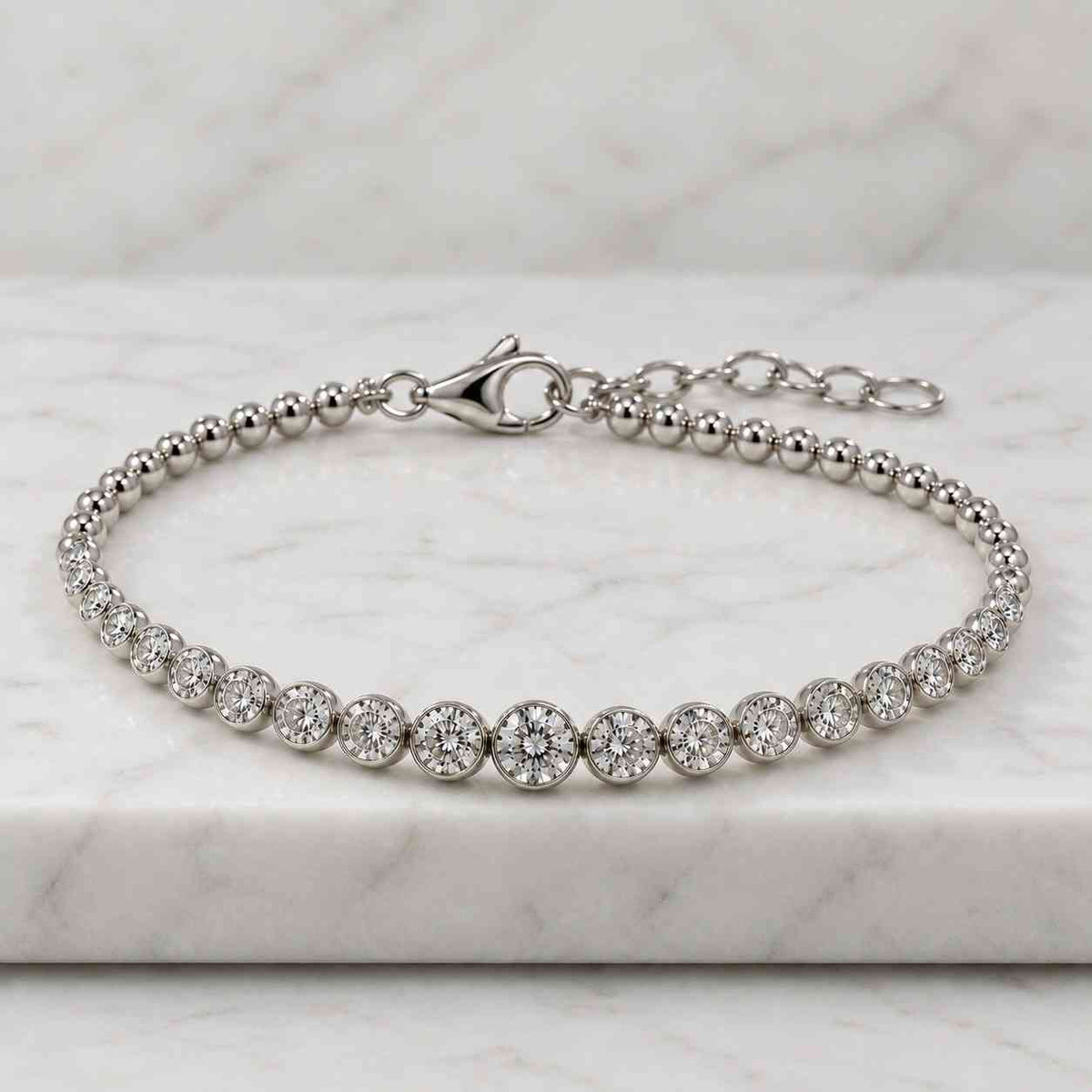 georgian style bezel set round moissanite tennis bracelet in silver, antique inspired dainty bracelet for women, elegant anniversary gift