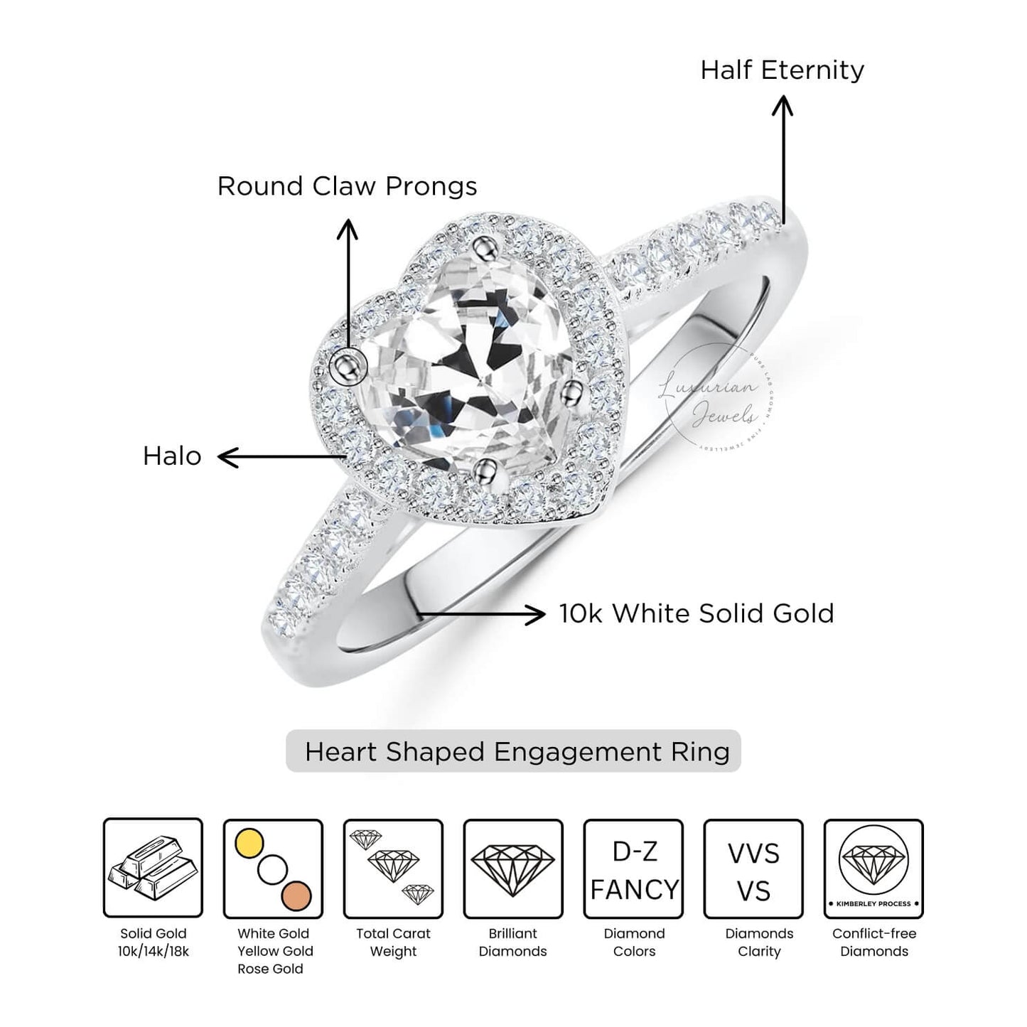 Heart Cut Wedding Ring, Round Diamond Halo Ring