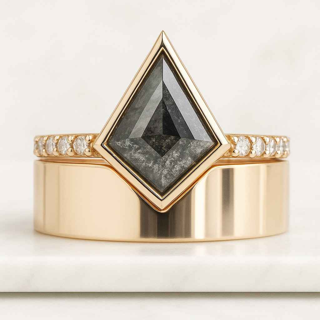 Kite Cut Salt and Pepper Engagement Ring Set 14K Gold Bridal Set Nature Inspired Wedding Ring