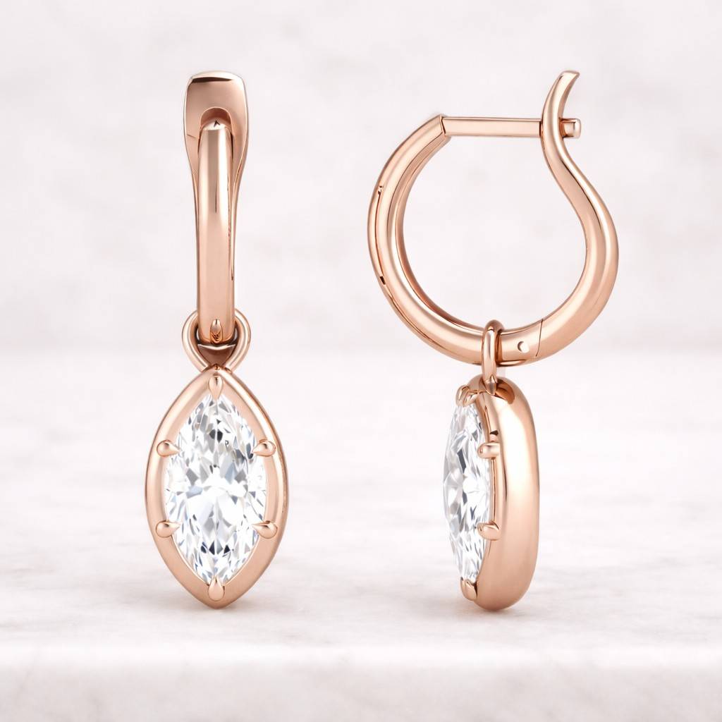 marquise cut lab grown diamond drop earrings gold bezel set