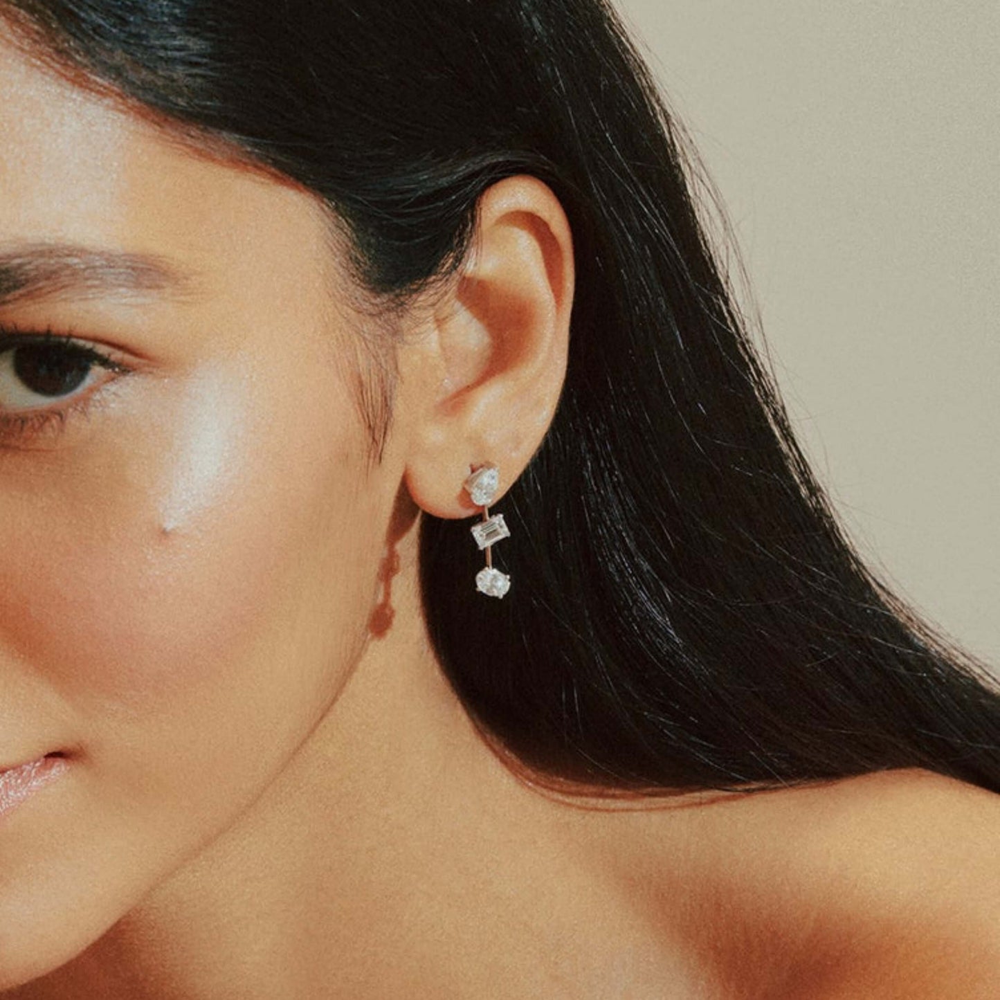 Lab Crete 3 Stone Drop Dangle Earrings For Mom