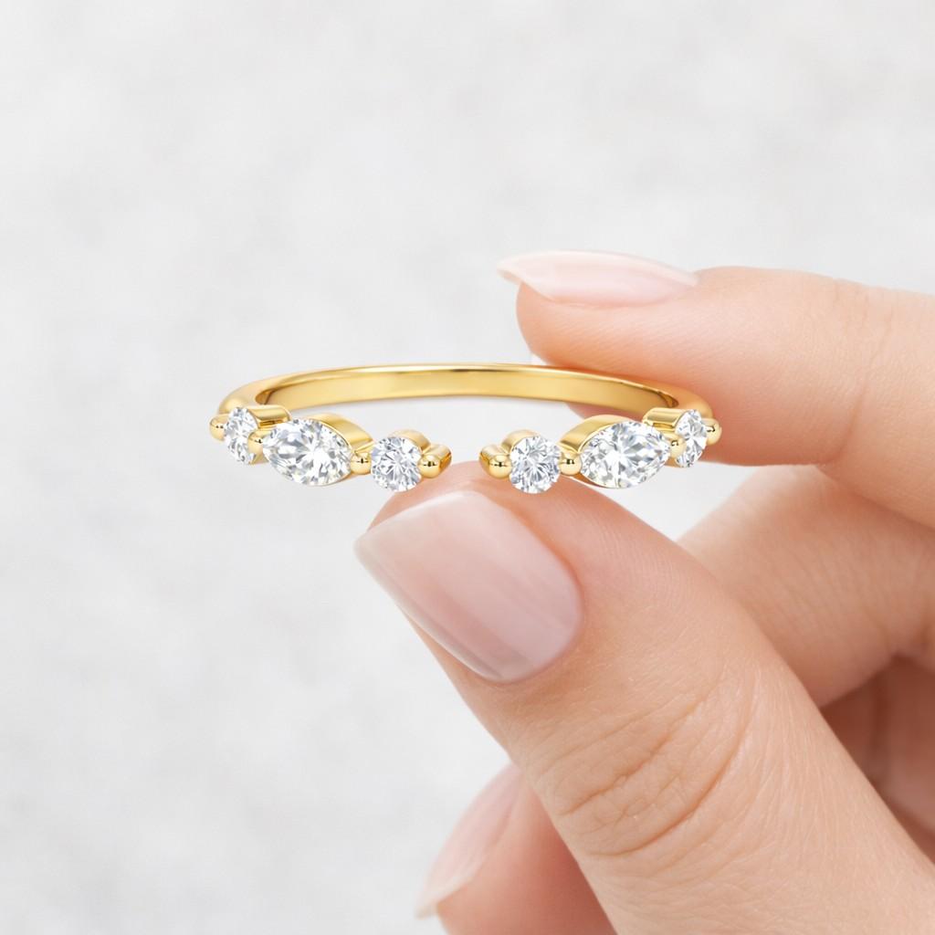 lab diamond open cuff wedding ring, marquise and round thin open gap stacking ring, minimalist open gap band ring for her, stackable band
