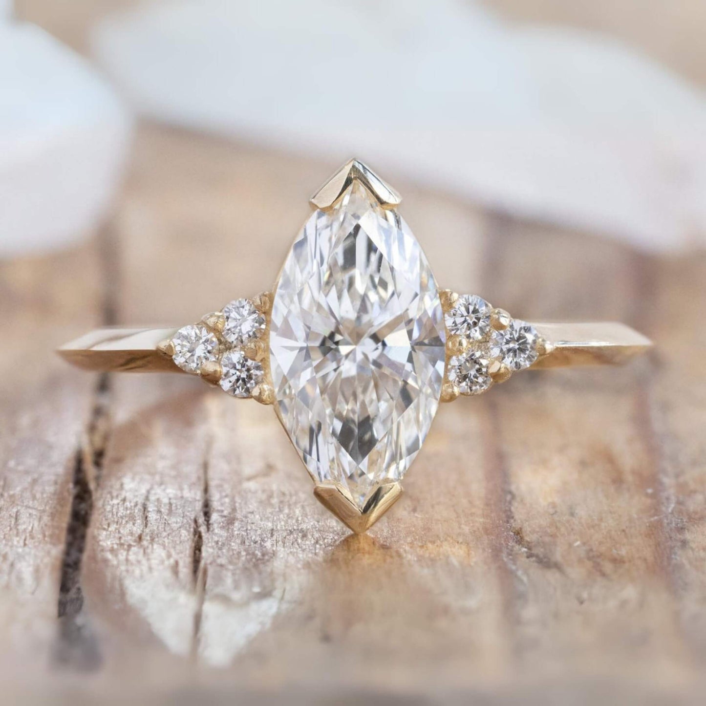 Marquise Cut CVD Diamond Three Stone Engagement Ring Round Cut Side Stone Wedding Anniversary Gift