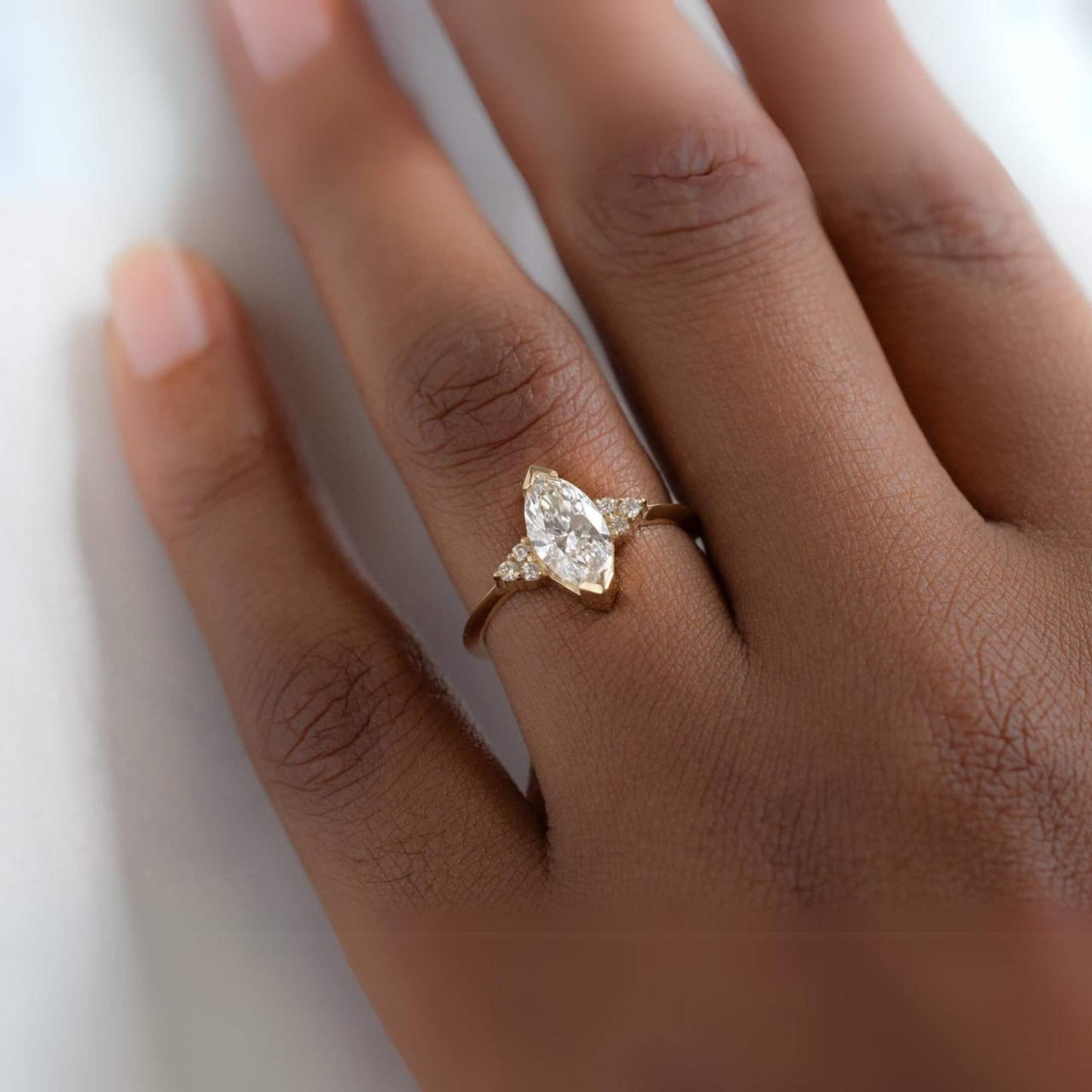 Marquise Cut Lab Grown Diamond Three Stone Engagement Ring, Handmade of 14k Gold
