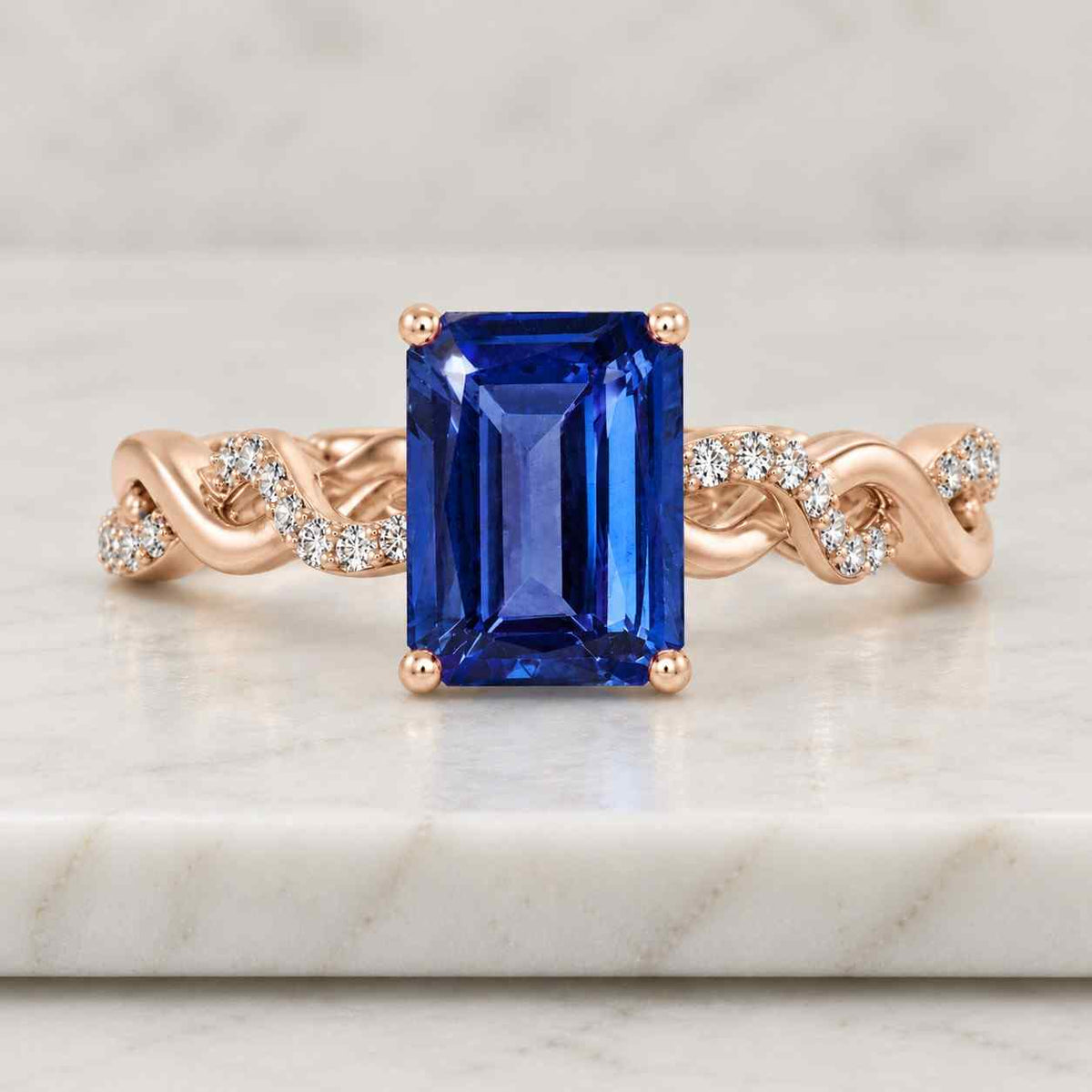 natural tanzanite ring 14k gold, emerald cut tanzanite engagement ring, bypass twisted diamond band,