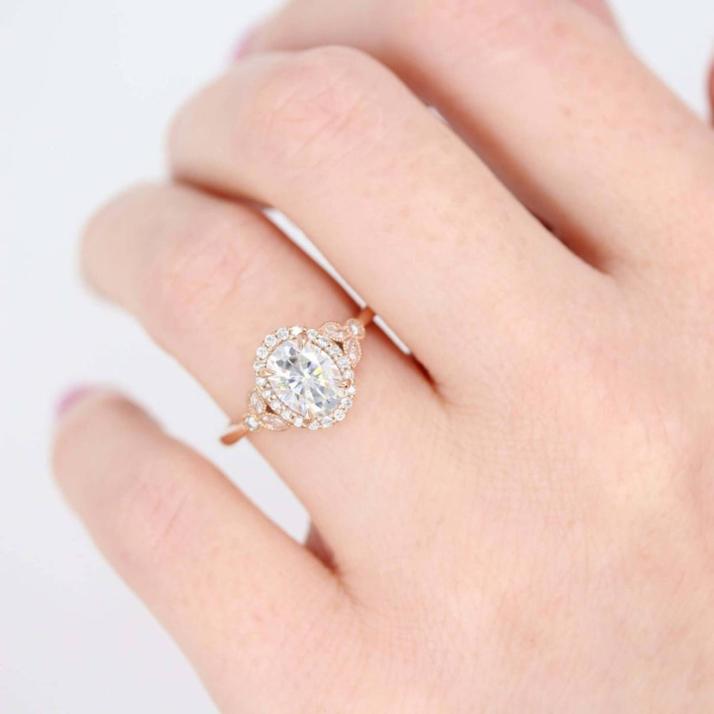 Oval Cut Colorless Moissanite Engagement Ring, Halo Ring, Wedding Ring, Milgrain Ring