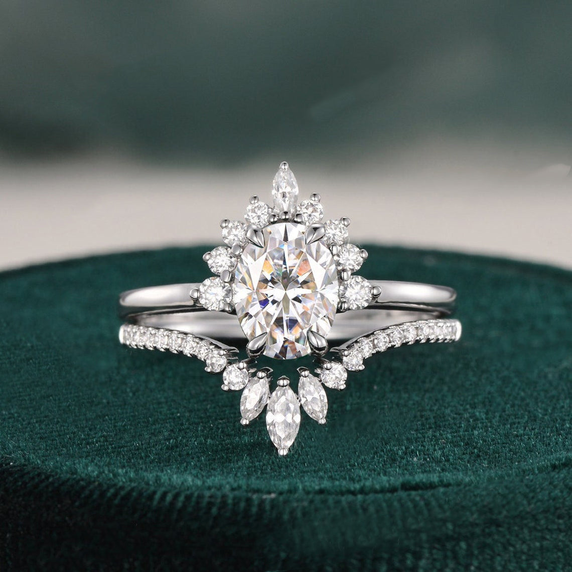 Oval Cut Moissanite Ring and Half Eternity Wedding Band Set