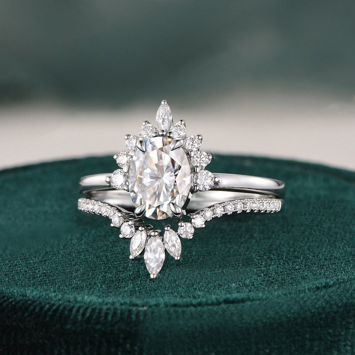 Oval Moissanite Engagement Ring Set In 18K Gold