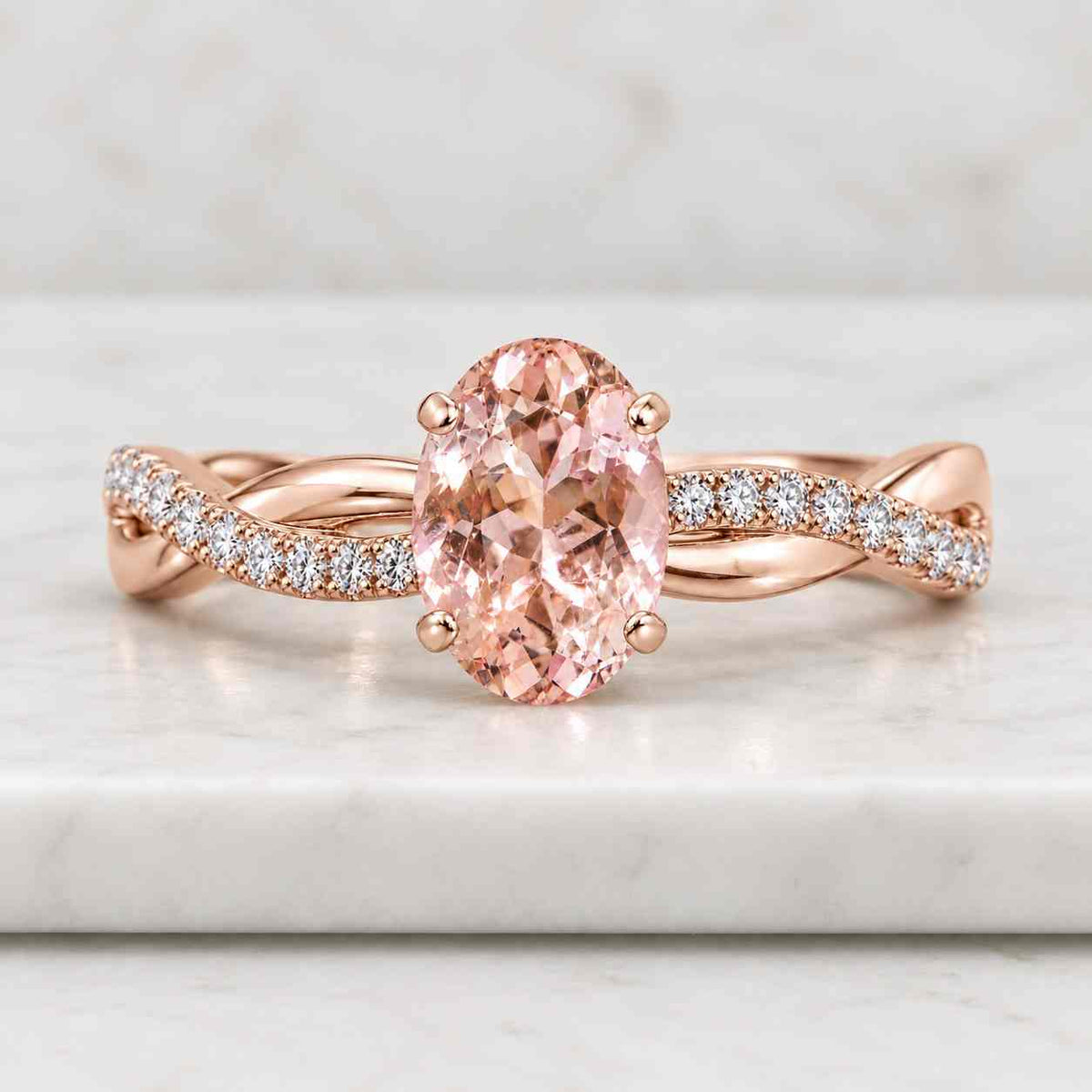 oval morganite and diamond promise ring, 14k gold split shank ring.