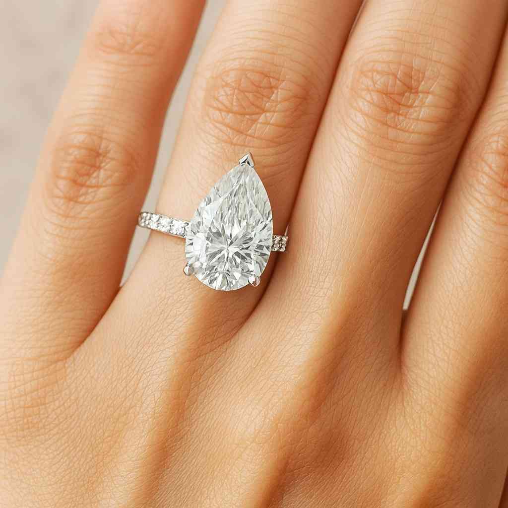 pear cut lab-grown diamond or moissanite engagement ring, 14k solid-gold marquise-round accent ring