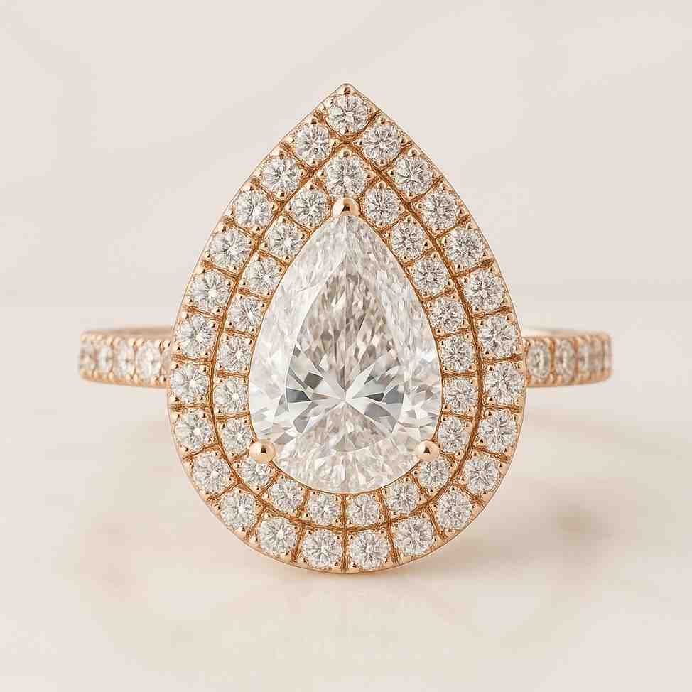 Pear Cut Moissanite Engagement Ring Double Halo Eternity Pave Set Wedding Ring For Bridal