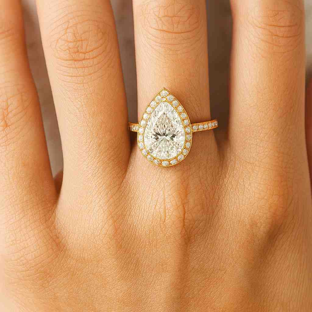 Pear Diamond Engagement Ring Genuine Lab Grown Diamond Ring Hidden Halo Anniversary Ring