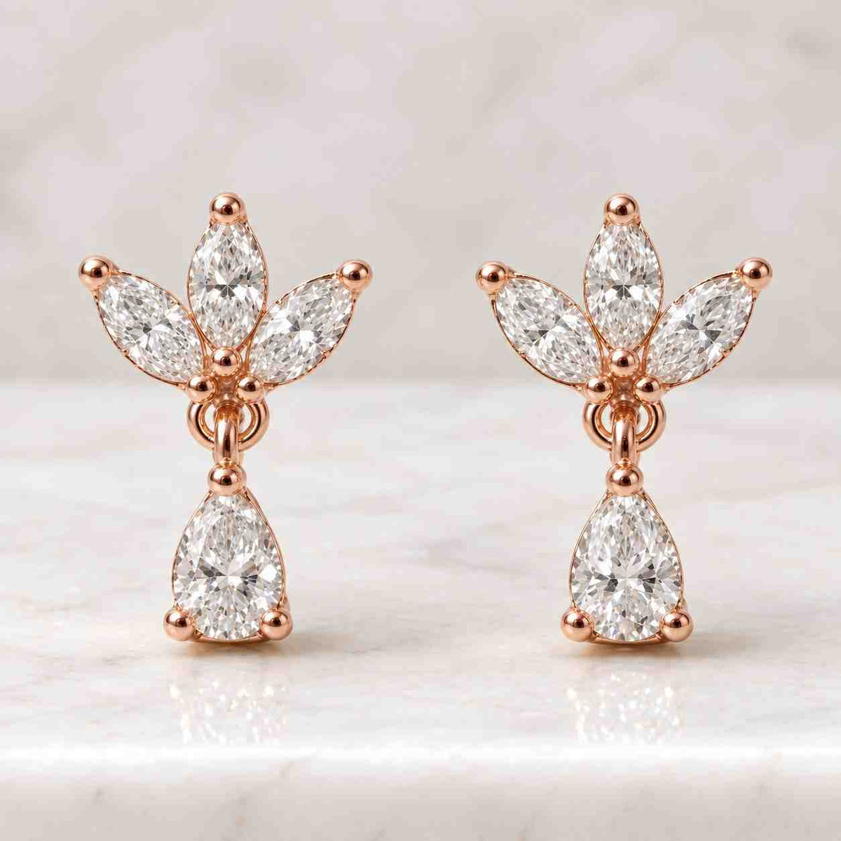 pear & marquise cut lab grown diamond stud earrings, prong set flower style earrings, 18k white gold push back earrings, daily wear earrings
